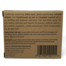 Load image into Gallery viewer, eco felted soap back of package information - colloidal oatmeal and marlborough sea salt with bergamot essential oil
