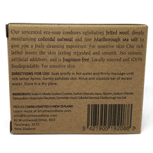 Load image into Gallery viewer, eco felted soap back of package information - colloidal oatmeal and marlborough sea salt