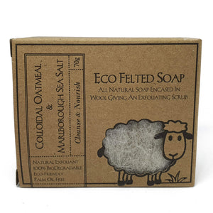 eco felted soap front package - colloidal oatmeal and marlborough sea salt