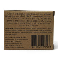 Load image into Gallery viewer, ocean clean palm oil free soap by Bruntwood Lane - back of package description with bergamot essential oil