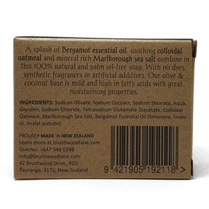 ocean clean palm oil free soap by Bruntwood Lane - back of package description with bergamot essential oil