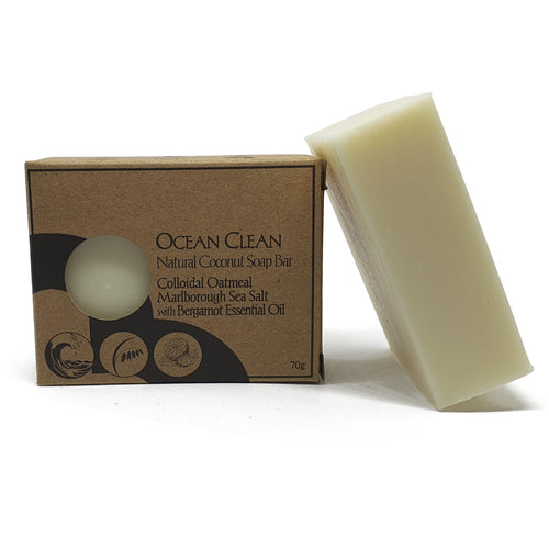 ocean clean palm oil-free soap by Bruntwood Lane - Colloidal Oatmeal and Marlborough Sea Salt with Bergamot Essential oil in Packaging